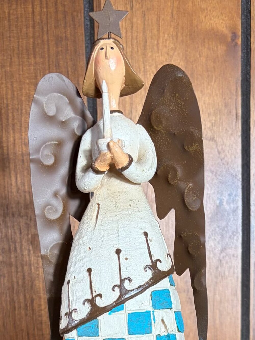Vtg Peebles Decorative Folk-Art 15" Angle Figurine Holding Candle w/ Metal Wings